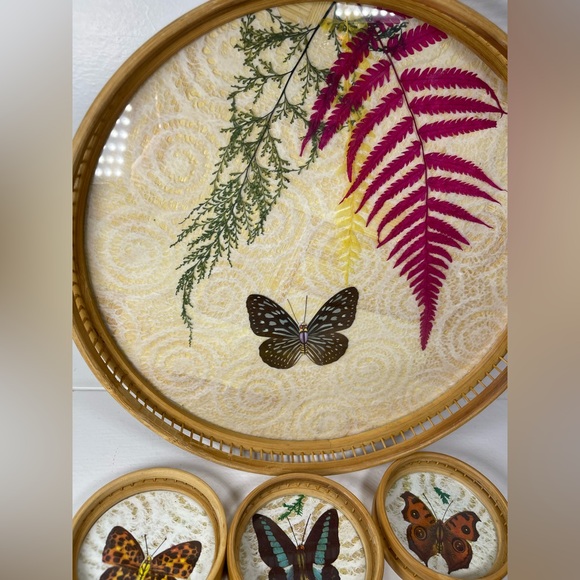 Vintage Bamboo/Rattan/Glass pressed flower & Butterfly tray/coaster set 7 pcs - Picture 2 of 16